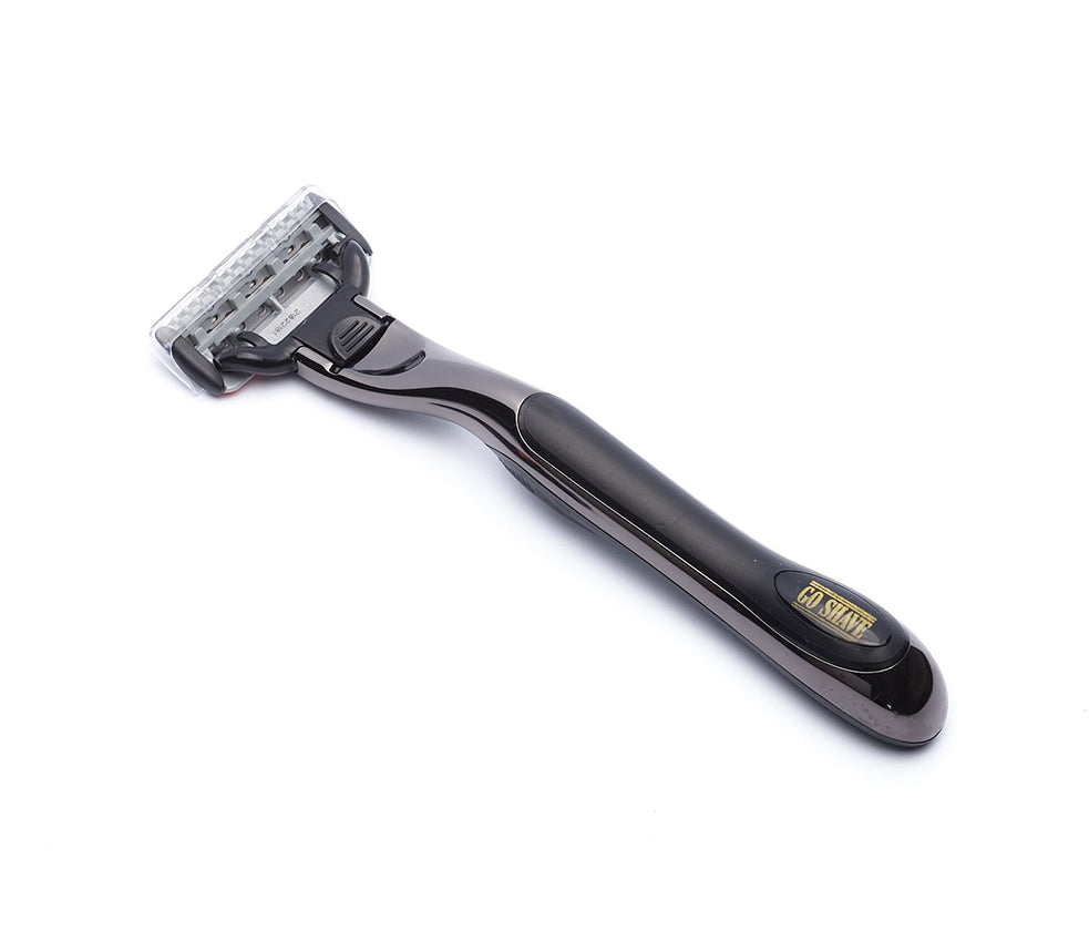 Gunmetal barberskaft til GoShave blade. Metalliclook med logo. Barbergrej på abonnement.