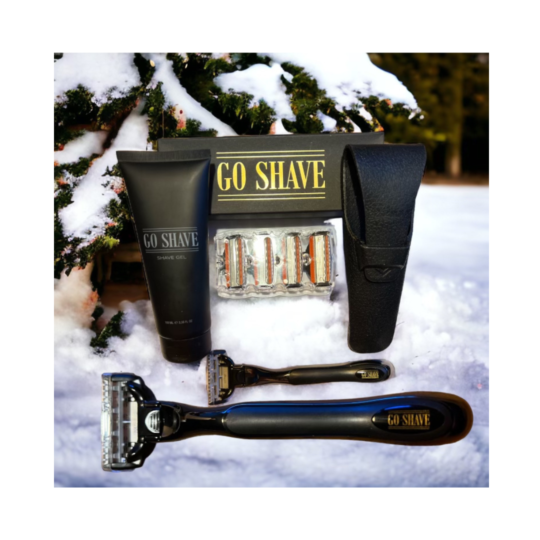 Gavepakke med barbergrej. Indeolder: Skaft i farven Gunmetal, 6 blade, shavegel og et sort silikoneetui.